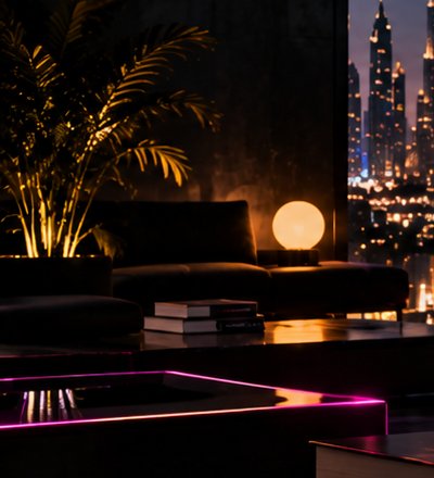 A quiet lounge corner overlooking the Dubai skyline at night