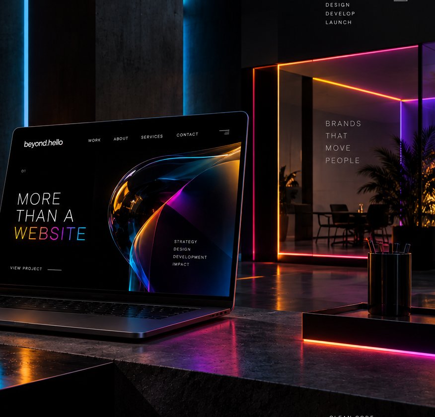 beyond.hello website shown on a laptop, in a neon-lit studio